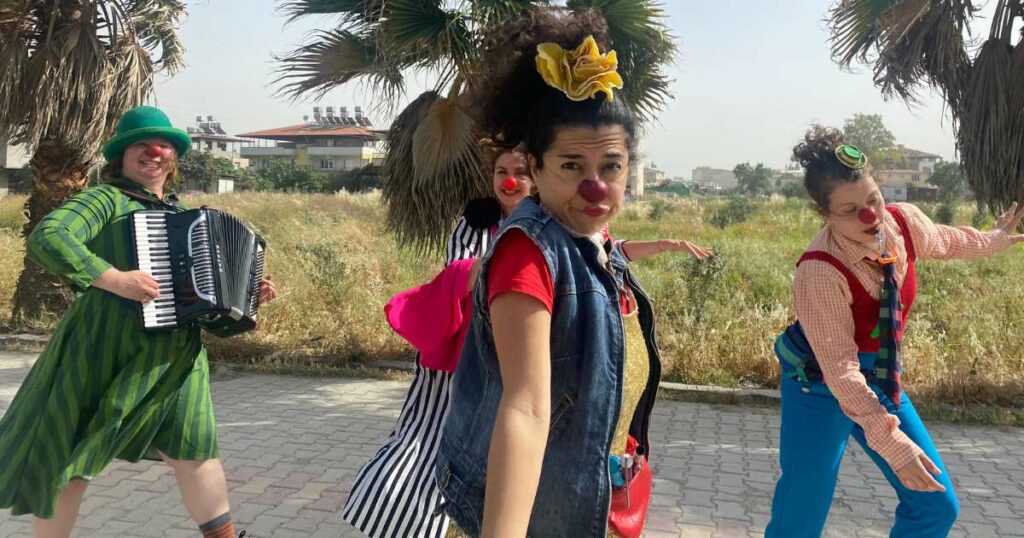 Four women clowns in Turkey performing for audiences recovering from the 2023 earthquake