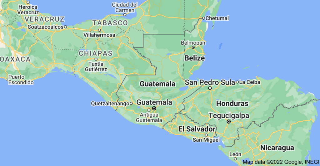 A map of Guatemala to show the extent of border it shares with Mexico and it's place as a physical corridor for migrants moving from Central America to Mexico